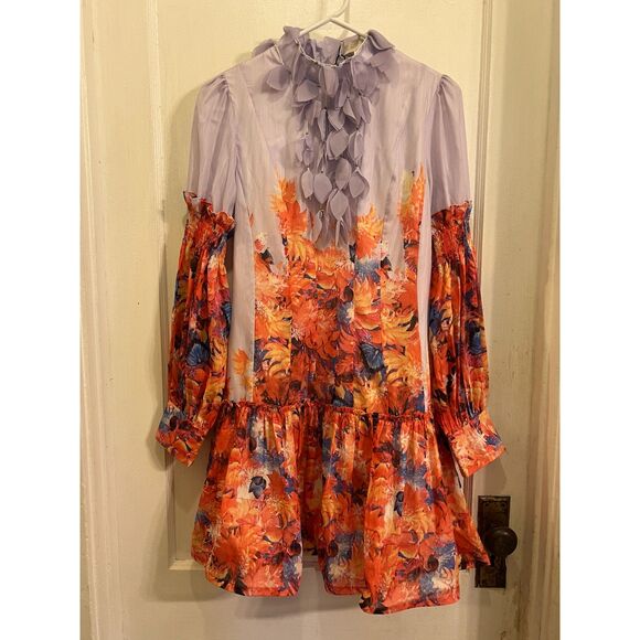 Floral Botanica High Neck Chiffon Mini Dress    Women's Size Small - Picture 2 of 8